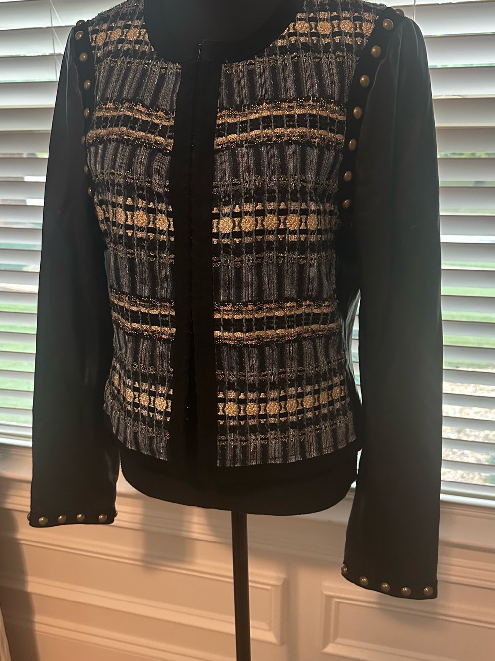Ramy Brook Black Jacket with Blue and Gold Tweed Front - Picture 3 of 6